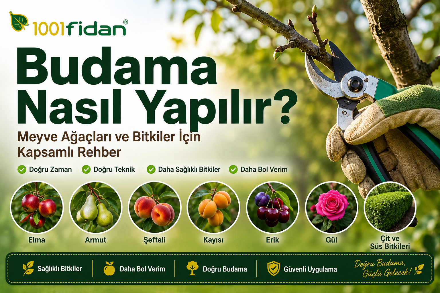 Budama nasıl yapılır sorusunu meyve ağaçları ve bitkiler üzerinden anlatan 2026 rehber görseli