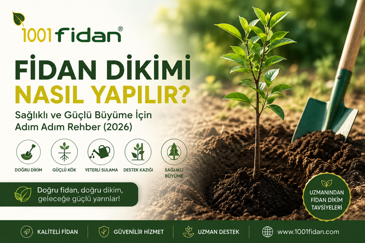 Fidan dikimi nasıl yapılır? Meyve fidanının doğru tekniklerle toprağa dikilmesini gösteren 1001Fidan rehber görseli.