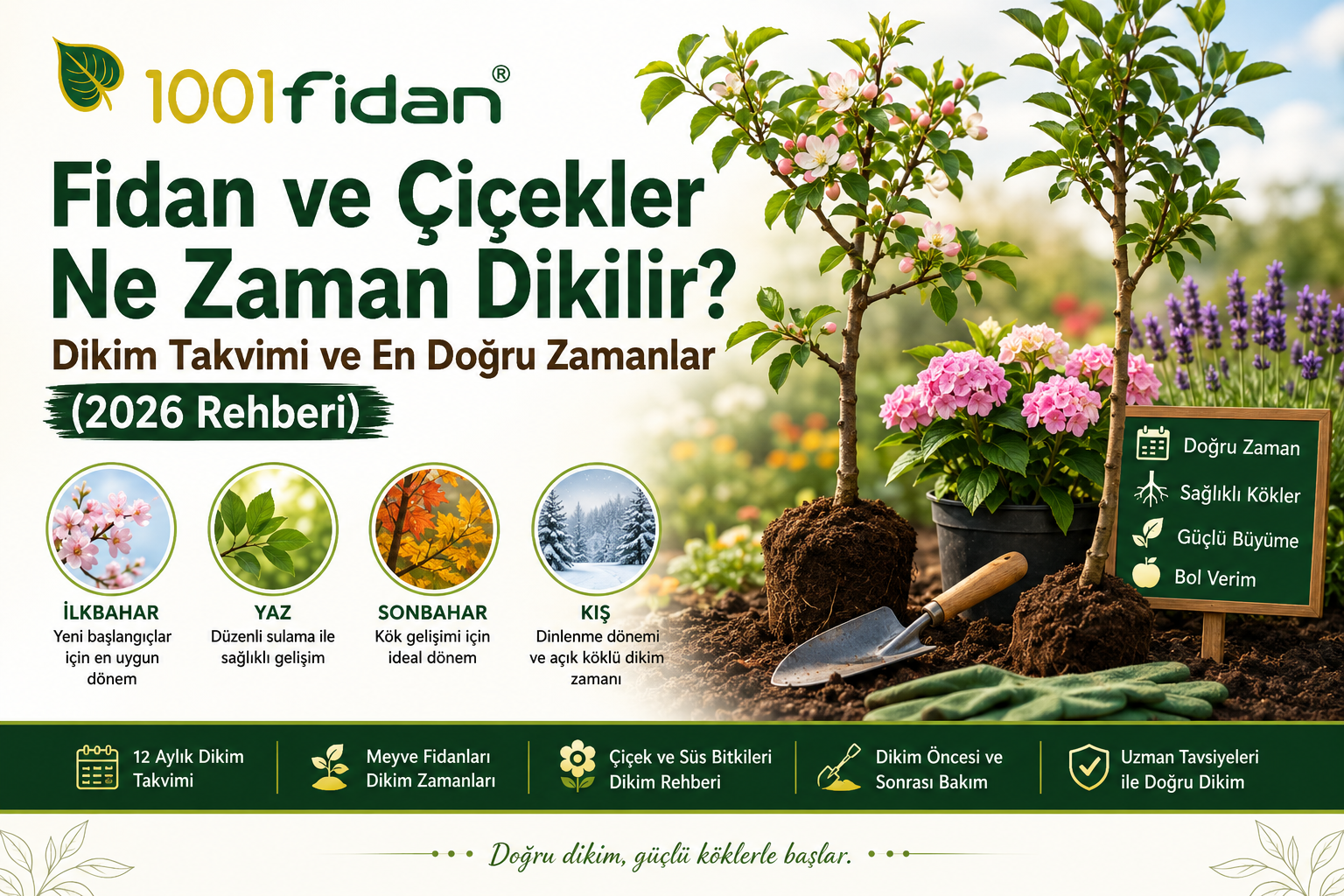 Fidan ve çiçekler ne zaman dikilir? Meyve fidanları, süs bitkileri ve çiçekler için mevsimlere göre dikim takvimini gösteren 1001Fidan rehber görseli.