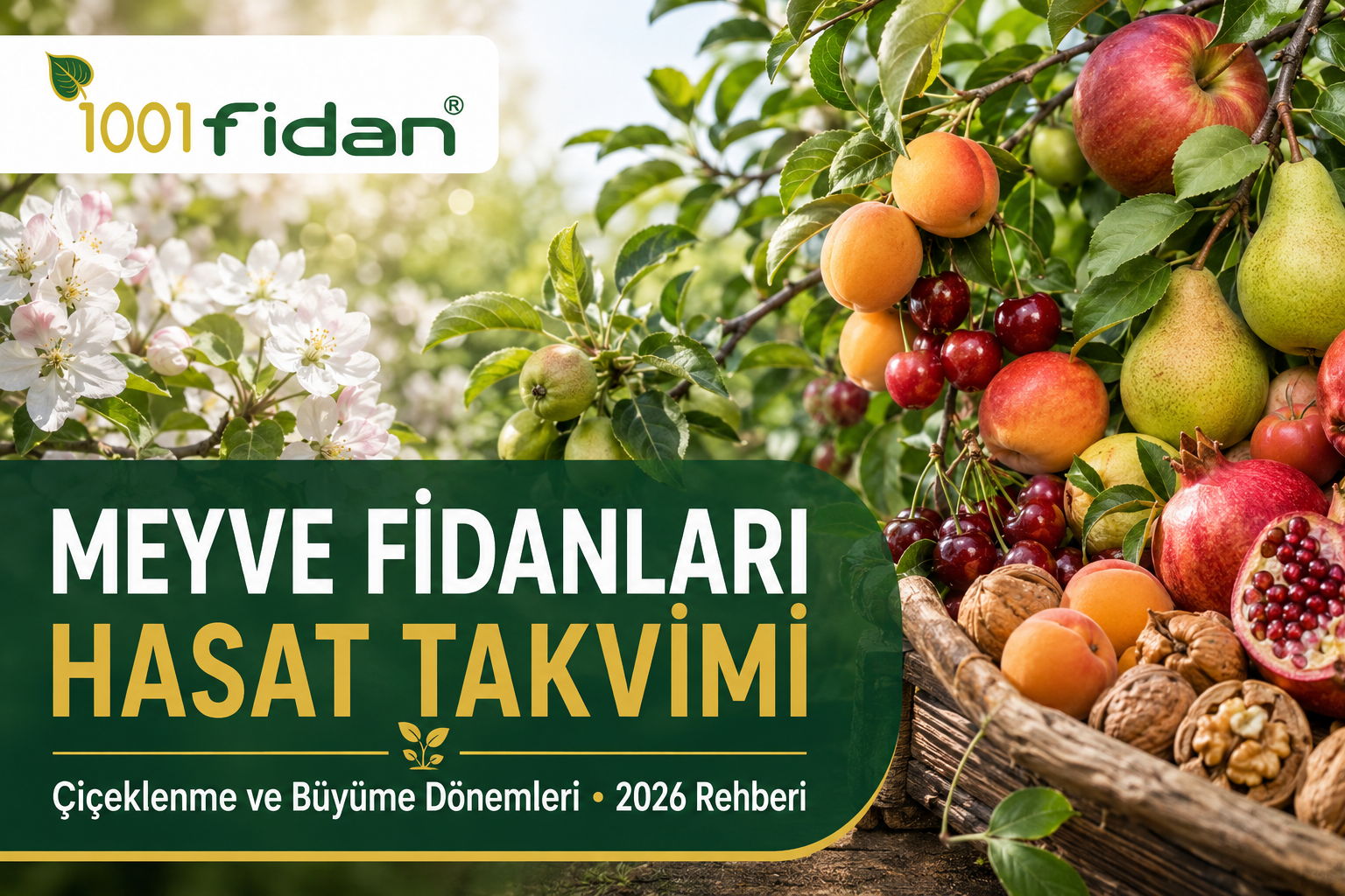 Meyve fidanları hasat takvimi, çiçeklenme ve büyüme dönemlerini gösteren 2026 rehber görseli.