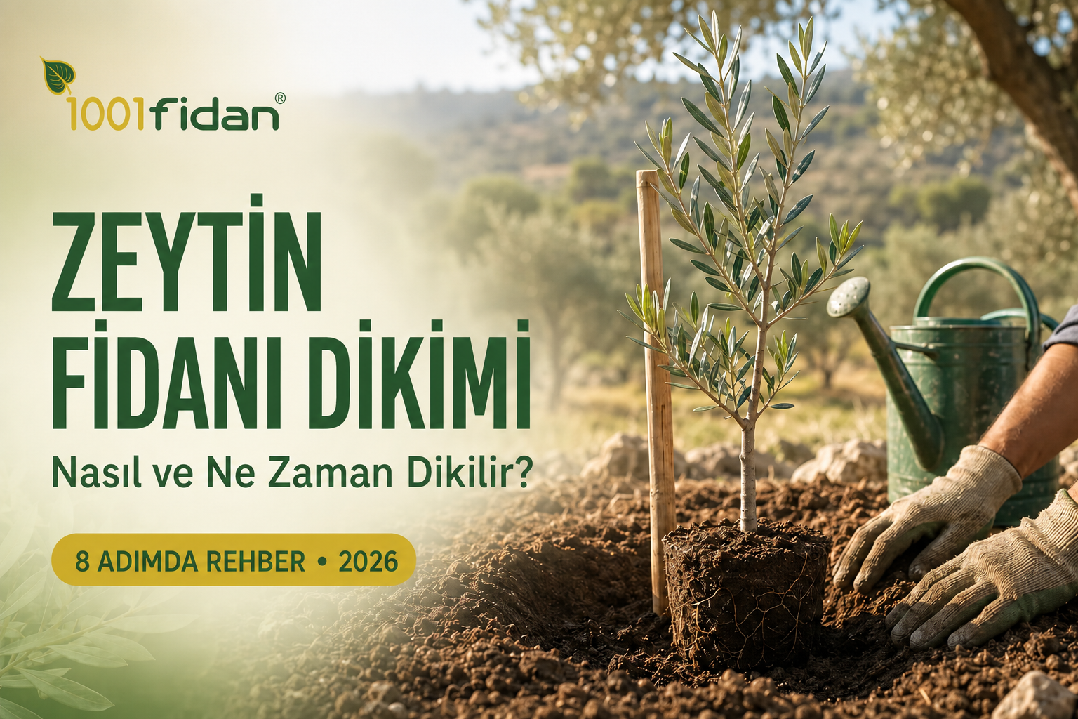 Zeytin fidanı dikimi için hazırlanan dikim çukuru, destek kazığı ve can suyu uygulaması