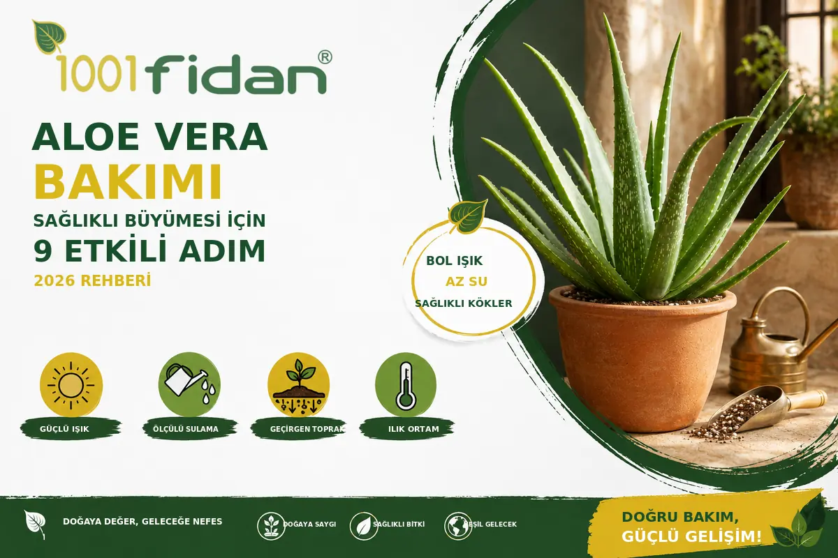Aloe vera bakımı için ışık, sulama, geçirgen toprak ve sıcaklık adımlarını gösteren 2026 rehberi