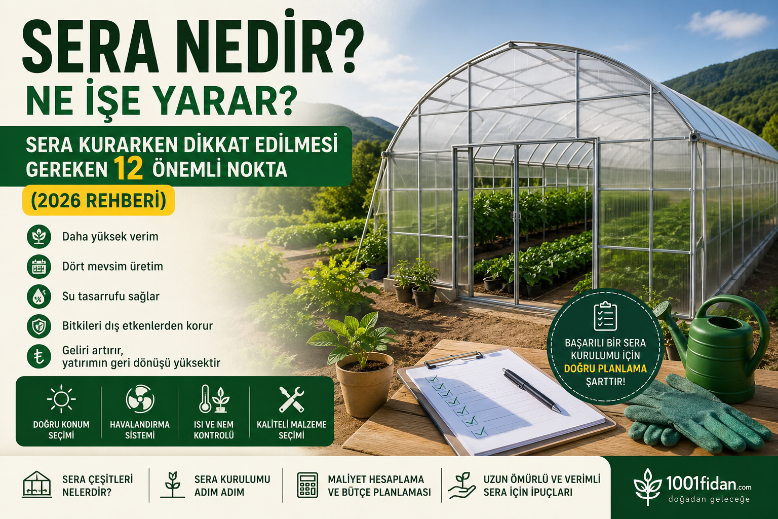 Sera nedir, ne işe yarar? Modern sera kurulumu ve verimli bitki yetiştiriciliğini gösteren 2026 rehber görseli.