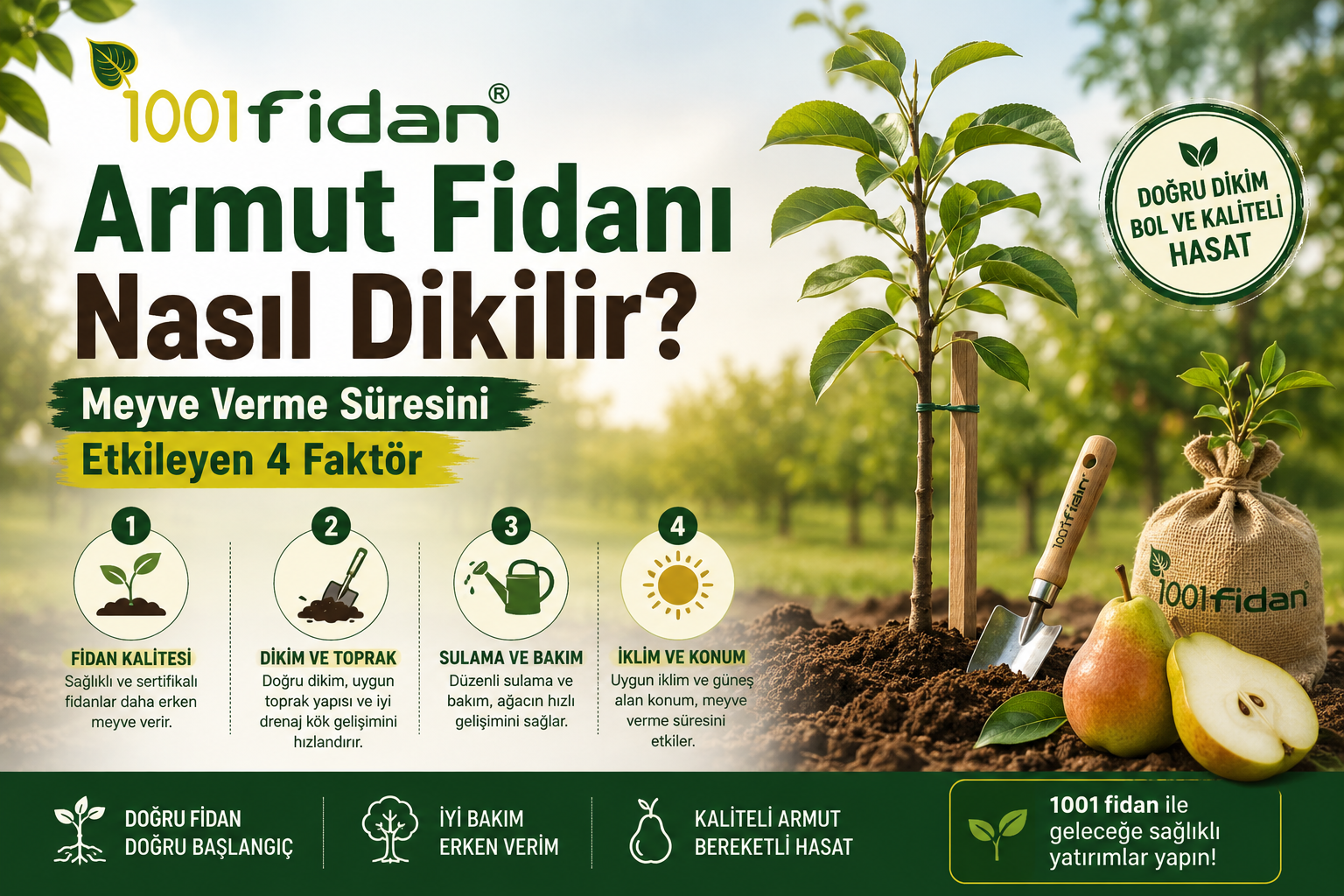 Armut fidanı nasıl dikilir? Meyve verme süresini etkileyen 4 faktörü gösteren armut fidanı dikim ve bakım rehberi.