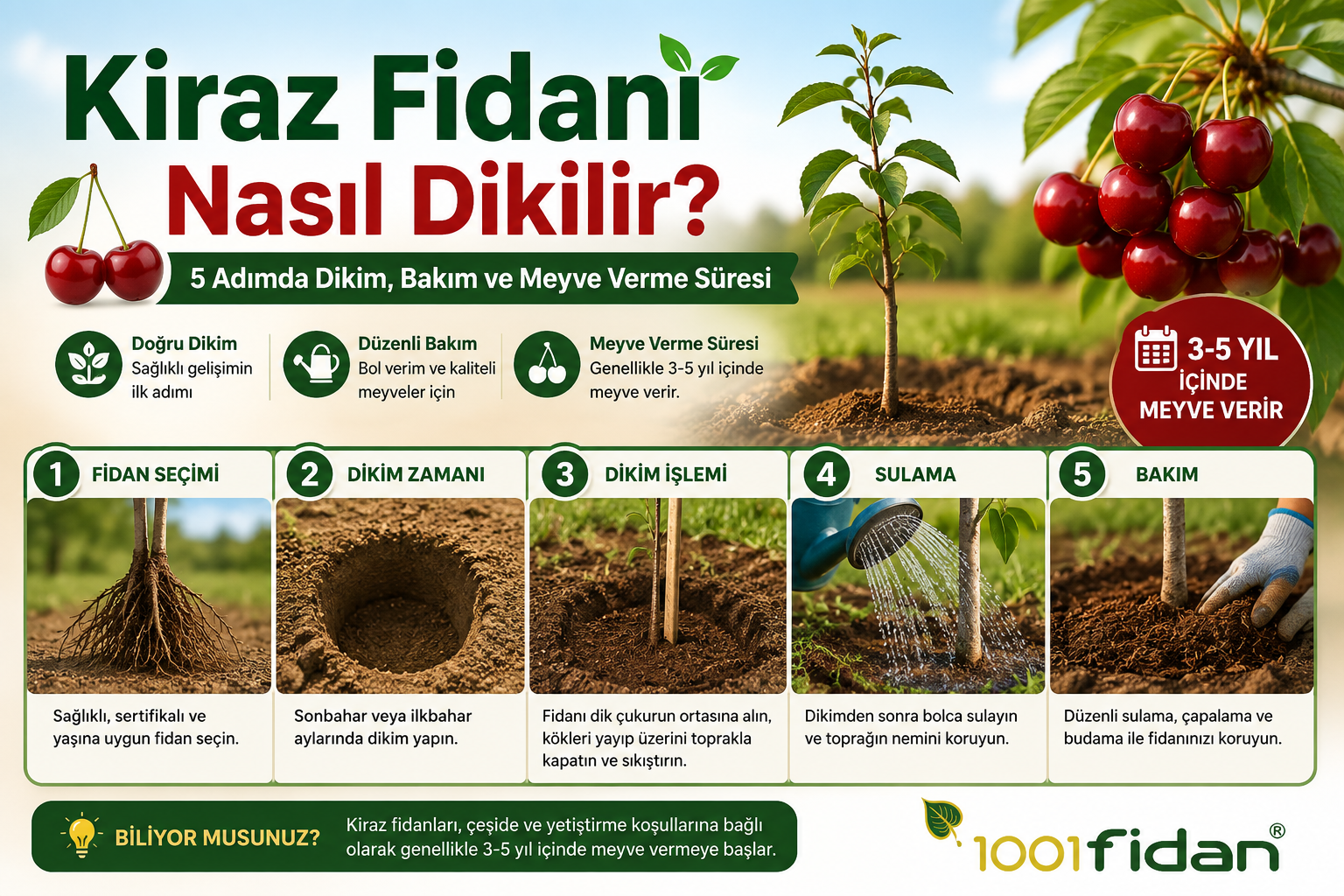 Kiraz fidanı nasıl dikilir, dikim aşamaları, sulama ve bakım sürecini gösteren bilgilendirici bahçe görseli