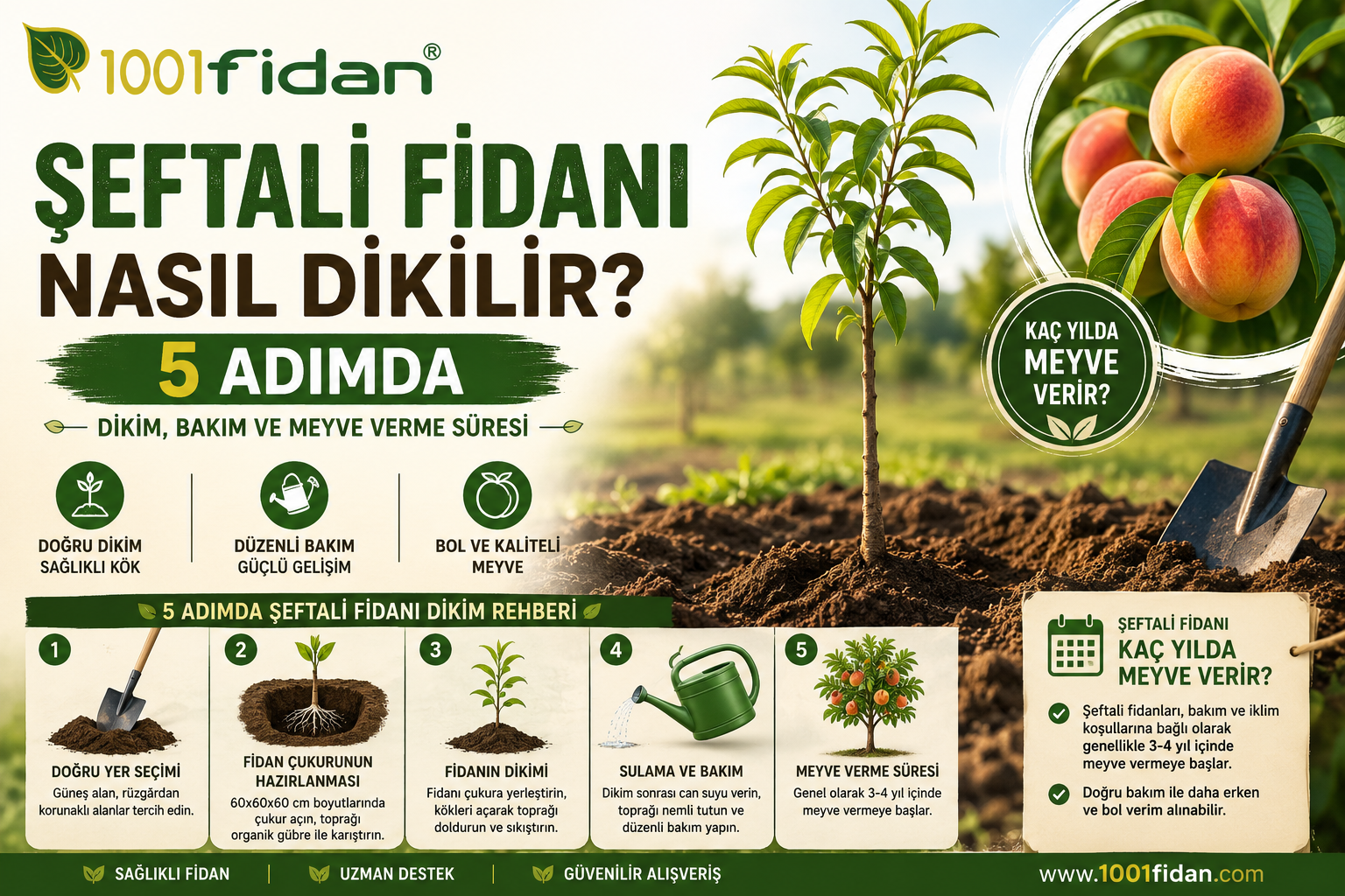 Şeftali fidanı dikimi, sulama ve bakım aşamalarını gösteren bahçe görseli