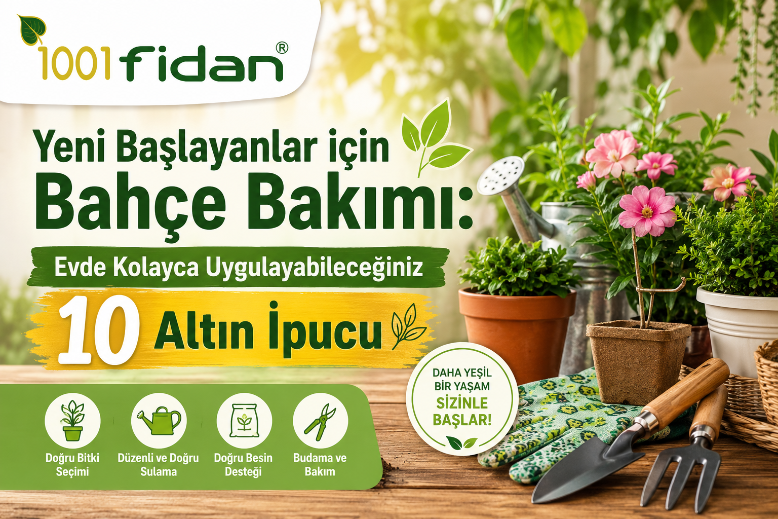 Yeni başlayanlar için bahçe bakımı rehberi, saksı bitkileri ve bahçe ekipmanları ile evde uygulanabilecek 10 altın ipucu.